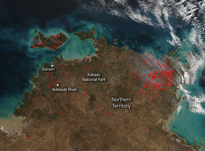 "Bushfires in the Northern Territory of Australia are dotting the landscape in this image captured by the Suomi NPP satellite's VIIRS (Visible Infrared Imaging Radiometer Suite) instrument on July 28, 2016." -- NASA