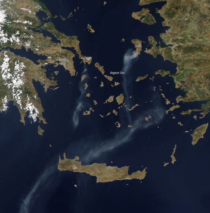 Greek islands. "A state of emergency has been declared on the island of Chios due to the fire that broke out early in the morning hours of Monday, July 25, 2016. Dozens of firefighters and equipment were dispatched to fight the fire which quickly spread due to high temperatures, dry conditions, and high winds." -- NASA