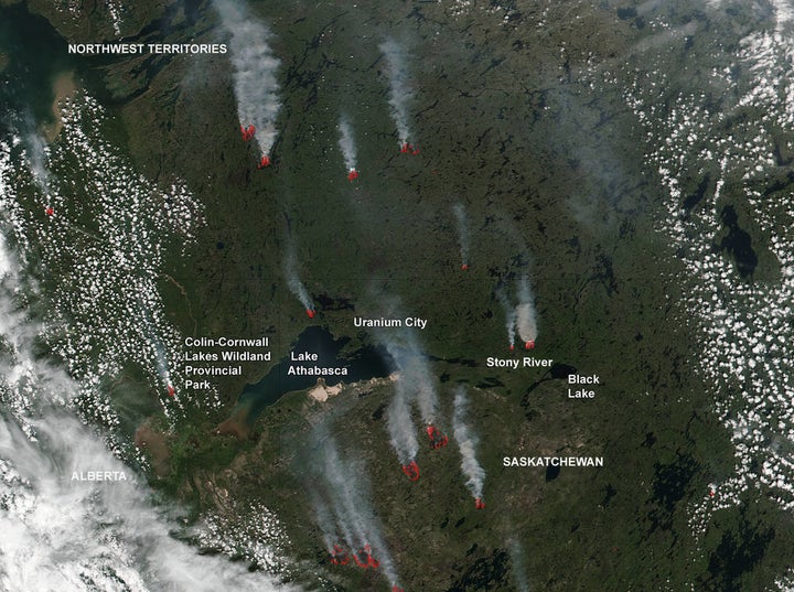 In this July 2, 2016 photo, fires are seen raging in northern Saskatchewan and the Northwestern Territories of Canada.