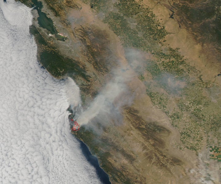 The Aqua satellite captured this image of the Soberanes fire in northern California on July 27, 2016.