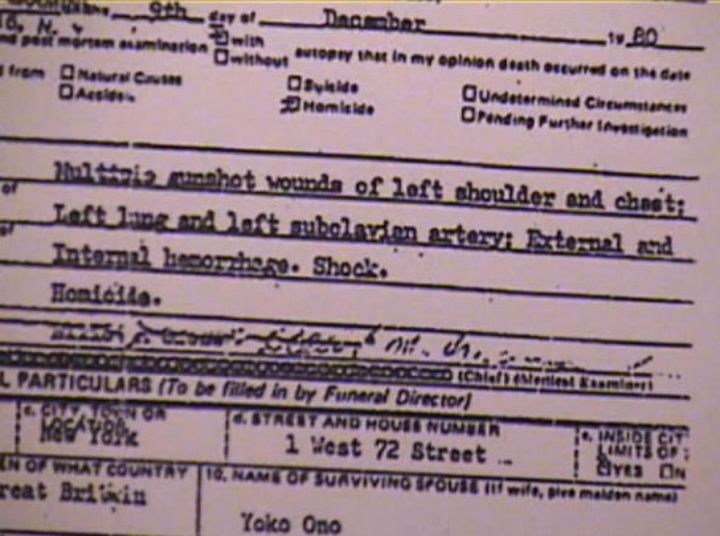Close-up of John Lennon's Death Certificate Showing The Official Coroner Ruling 