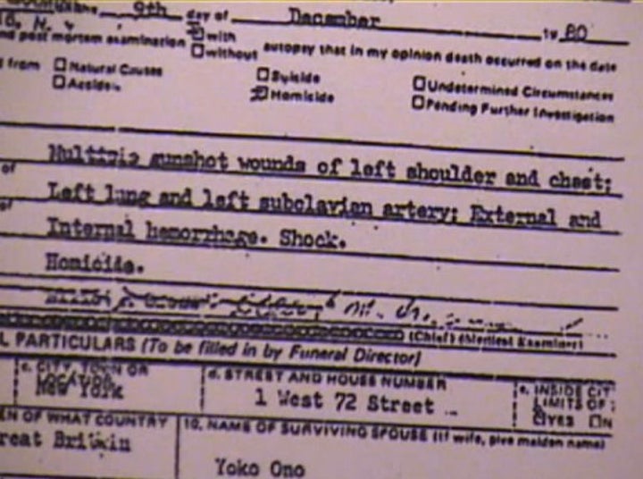 Close-up of John Lennon's Death Certificate Showing The Official Coroner Ruling
