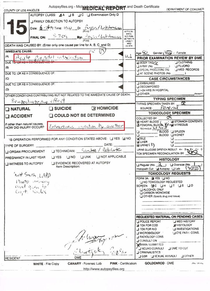 Coroner Medical Report On Michael Jackson, Showing "Homicide" As The Official Cause Of Death Ruling 