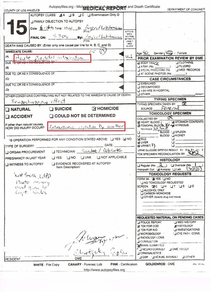 Coroner Medical Report On Michael Jackson, Showing "Homicide" As The Official Cause Of Death Ruling