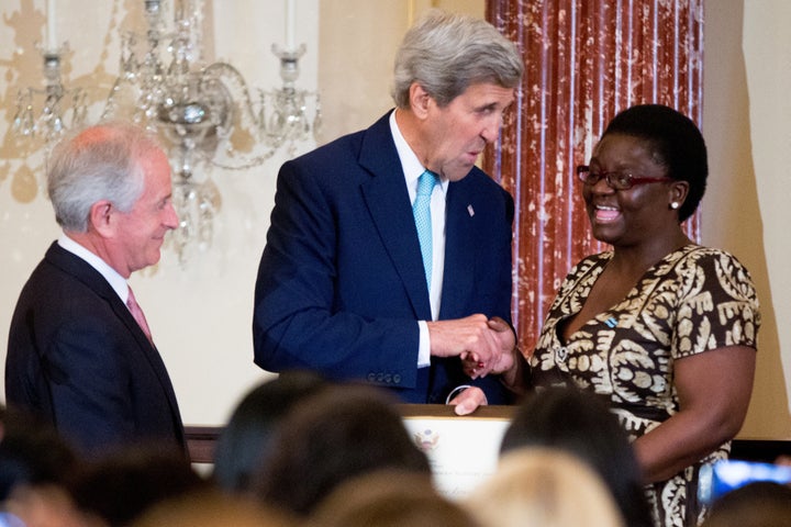 <strong>Theresa May joins the likes of John Kerry, who is also campaigning against modern slavery</strong>