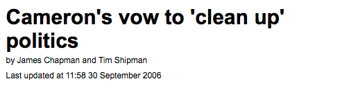 Cameron's pledge to 'clean up' politics in 2006, reported by The Daily Mail