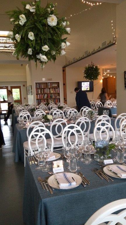 Volunteer parents created the blue and white dining room decorations