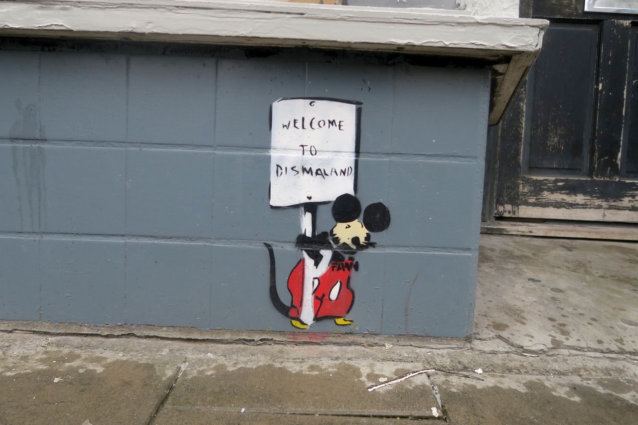 Dozens of street art pieces have been painted in Weston-super-Mare, Somerset, England, since Banksy shut down his pop-up Dismaland show last September.