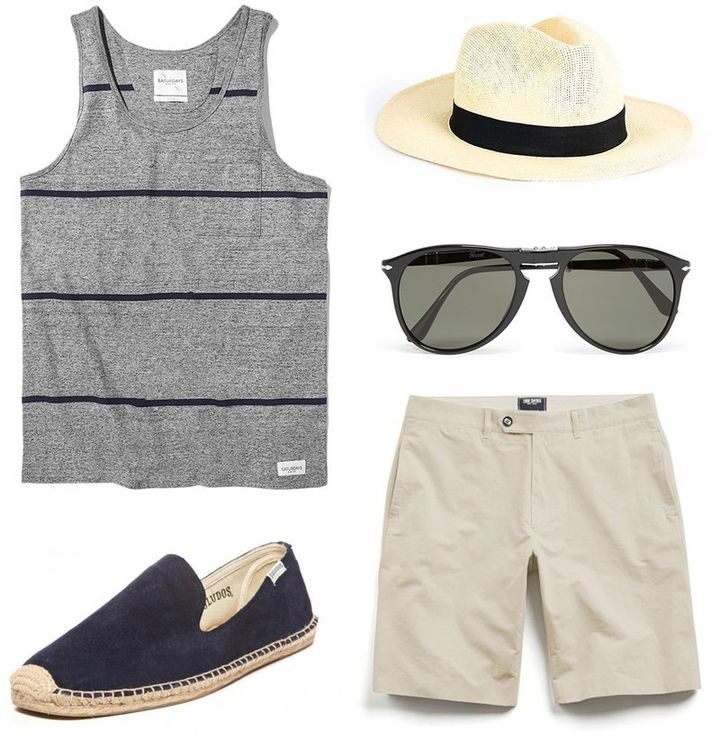 Saturdays NYC Rosen Tank Top, $24, available at saturdaysnyc.com; Todd Snyder Hudson Shorts, $128, available at toddsnyder.com; Soludos Suede Espadrille, $85, available at at soludos.com; Persol D-Frame Sunglasses, $350, available at mrporter.com; Topman Straw Hat, $30, available at topman.com