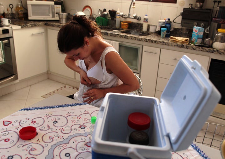 Daniela Lopez expresses breast milk for donation to the Human Milk Bank at her home in Rio de Janeiro August 17, 2012. Brazil has the largest network of Human Milk Banks in the world, recognized by the World Health Organization (WHO), with more than 200 headquarters established throughout the country, according to a report by Fernandes Figueira Institute hospital.