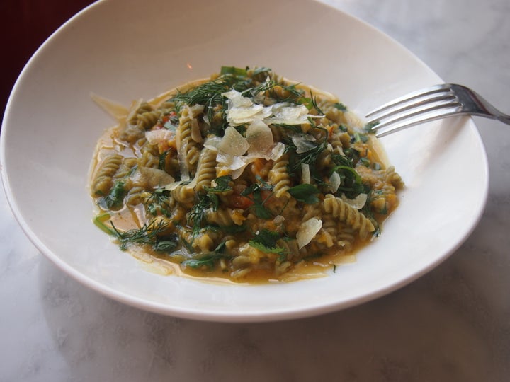 Fussili with Slow Cooked Yellow Zucchini, Roasted Garlic, Pecorino Cheese, Fresh Parsley, and Extra Virgin Olive Oil, Recipe by Toronto chef and restauranteur Cory Vitiello