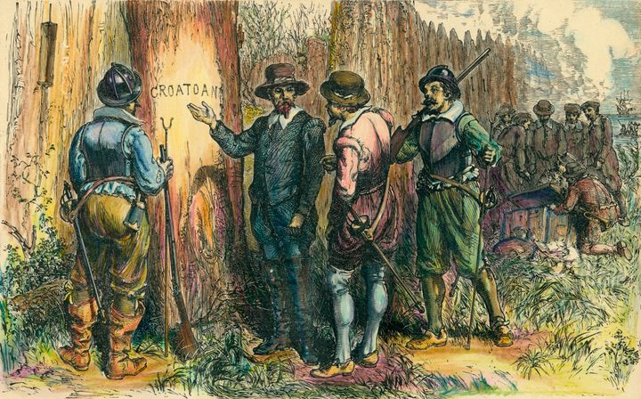 Illustration depicts John White and others as they find a tree into which is carved the word 'Croatoan,' Roanoke Island, North Carolina, 1590.