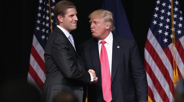 Eric and Donald Trump at a Pennsylvania campaign rally last month.