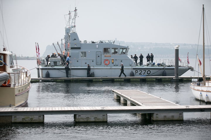 Royal Navy patrol boats are seen in Cardiff docks.