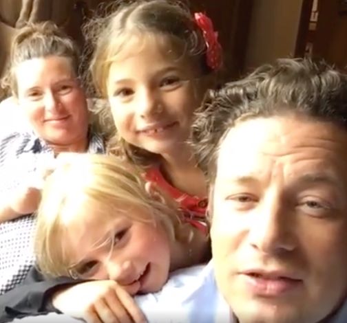 Jamie Oliver, his wife Jools and his two kids Buddy and Petal. 