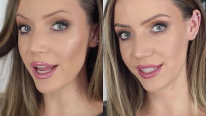 Lange before (left) and after (right) after her DIY eyebrow extentions
