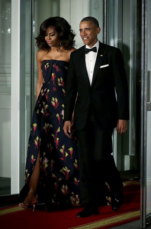 michelle obama rose gold dress Drops Jaws In A Chainmail Versace Gown At Her Last State Dinner michelle obama evening gowns