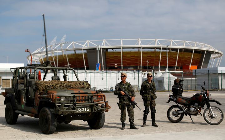 Brazilian Army soldiers patrol in front of the Olympic park ahead of the 2016 Rio Olympics in Rio de Janeiro.