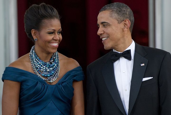 Elegant in Marchesa at a 2012 state dinner honoring British Prime Minister David Cameron and his wife, Samantha Cameron.