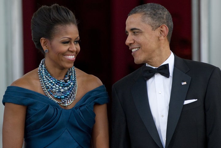 Elegant in Marchesa at a 2012 state dinner honoring British Prime Minister David Cameron and his wife, Samantha Cameron.