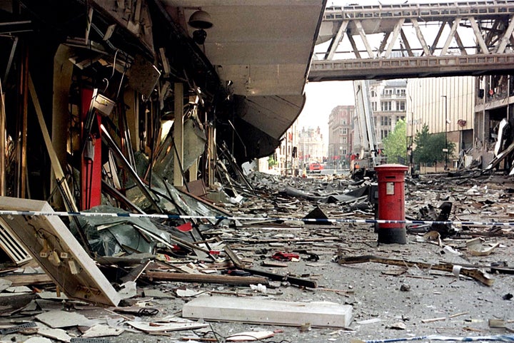 Hundreds of people died at the hands of the IRA during The Troubles. This file image shows of the damage left by an IRA bomb blast in Manchester city centre in June 1996