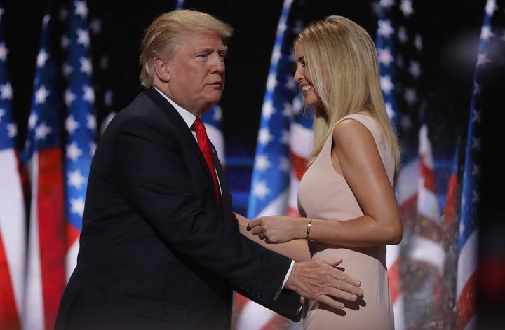 Trump greets his daughter Ivanka as he arrives to speak during the final session at the Republican National Convention in Cleveland, Ohio.