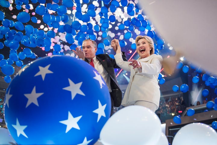 Democratic presidential nominee Hillary Clinton and her running mate, Sen. Tim Kaine (D-Va.), celebrate on the final night of the Democratic National Convention. Ordinary Americans aren't quite so enthusiastic about the state of the country, polling finds.