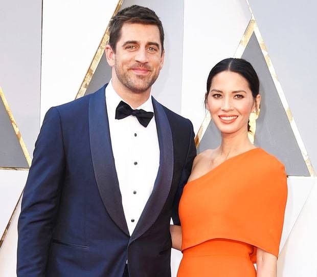 Aaron Rodgers and Olivia Munn on February 28, 2016 in Hollywood, California. 