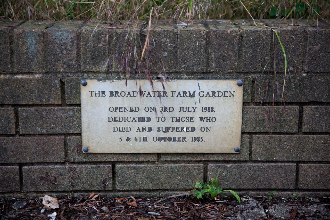The plaque in the estate’s memorial garden pays tribute to Blakelock, Jarrett and others who suffered in 1985.
