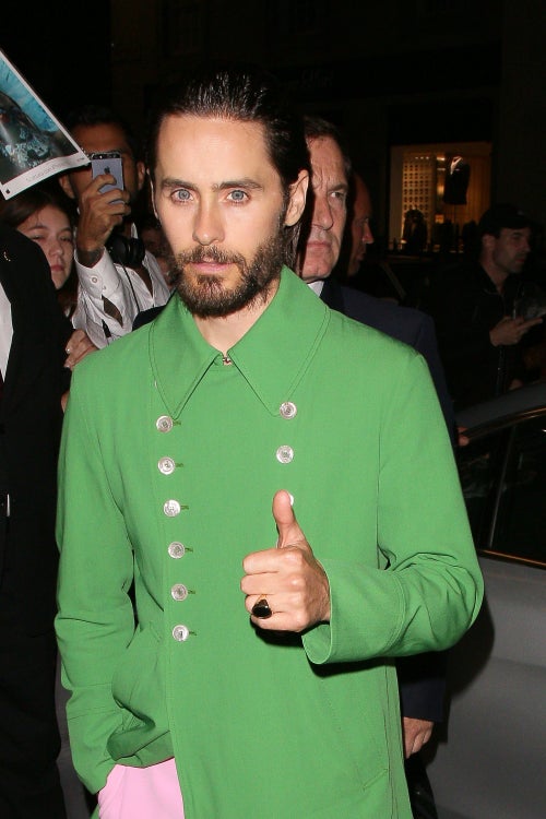 jared leto green dress Jared Leto Wore a Green Gucci Jacket Straight Off the Runway to the 'Suicide Squad' Premiere - Just Jared - Celebrity News and Gossip