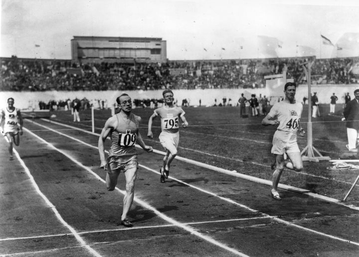 The finish of a race at the 1928 Amsterdam Olympics. Not pictured: the painters.