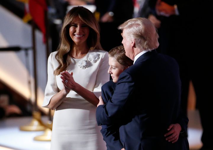 Melania Trump appears with her son, Barron, and her husband, Republican presidential nominee Donald Trump.