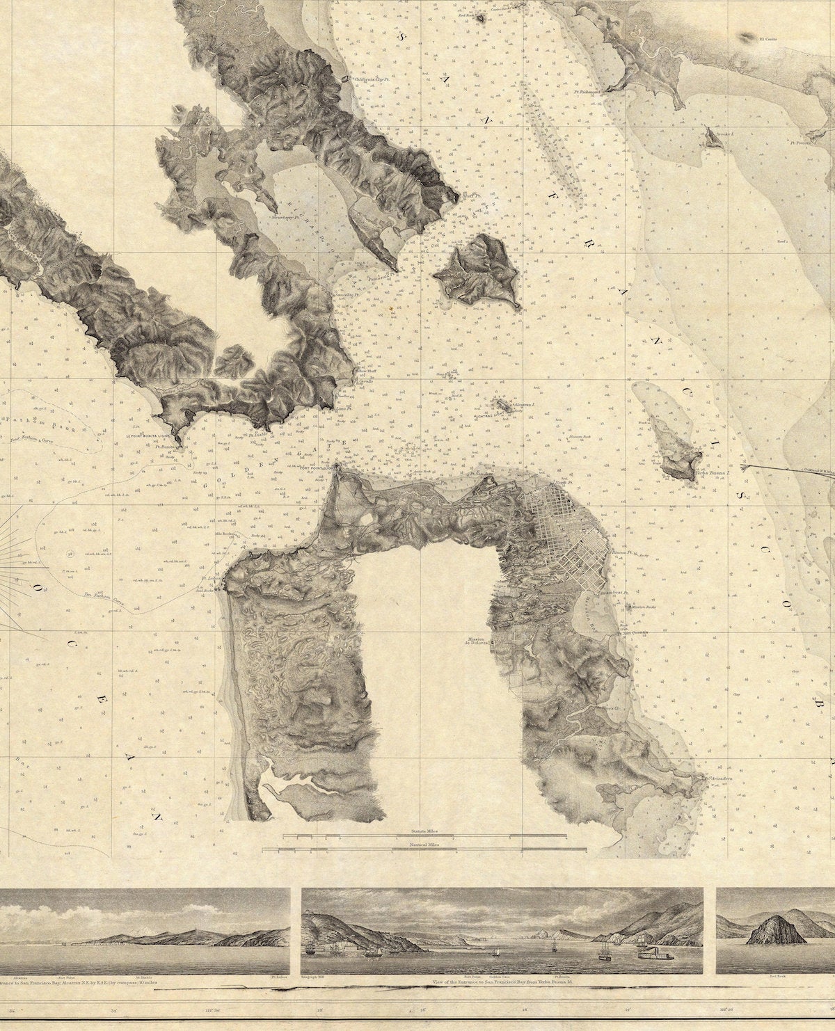 37.7166° N, 122.2830° W, Alexander Dallas Bache, "Entrance to San Francisco Bay California," 1859. This map uses the cartographic devices of spot elevations and soundings, respectively marking the altitude and depths of specific points at land and at sea.