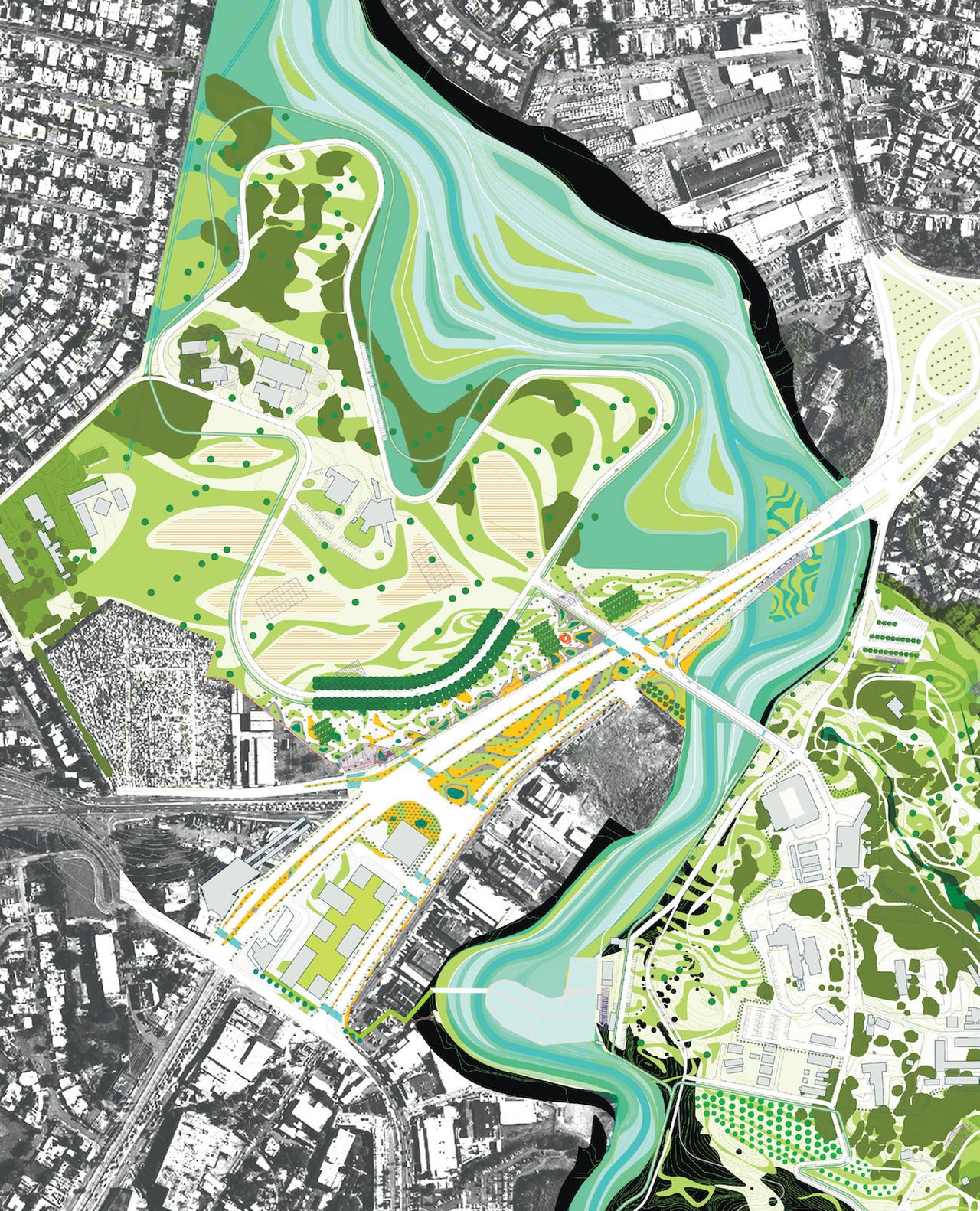 18.4517° N, 66.0689° W, James Corner Field Operations, "University of Puerto Rico Botanical Gardens," 2003 - 2006. The plan for the botanical gardens is a contemporary example of a design showing a landscape's topography through color and shape.