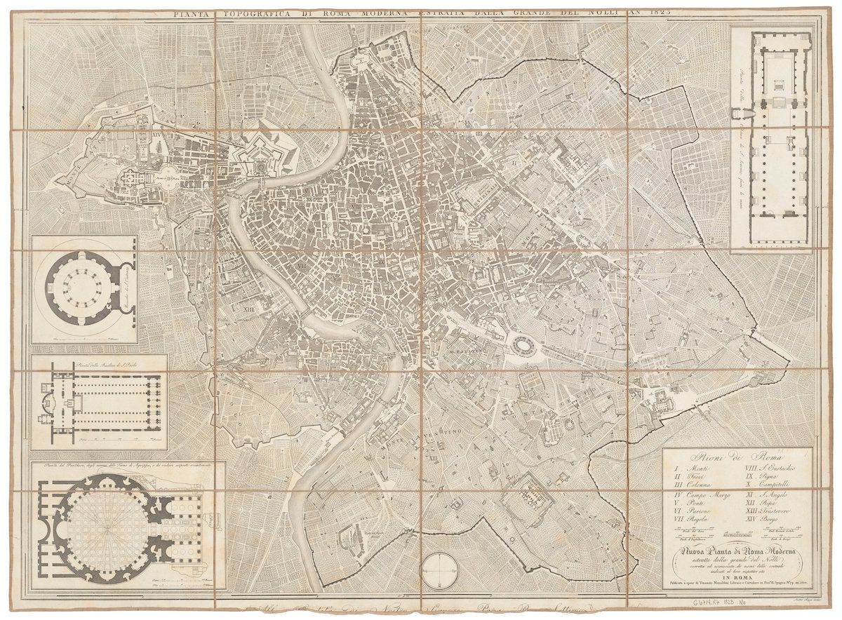 41.9000° N, 12.5000° E, Giambattista Nolli, "Nuova pianta di Roma moderna," 1823. "Truly a hybrid of map and plan, the Nolli drawing changed the perception of public space in Rome by drawing the figures of the buildings with courtyards open, allowing the civic realm to penetrate the street enclosure," according to Cartographic Grounds.