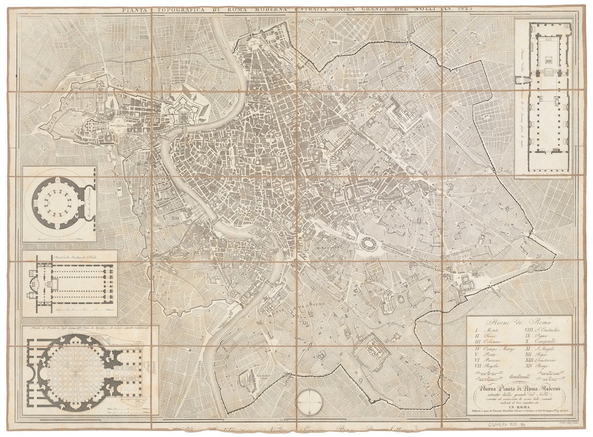 41.9000° N, 12.5000° E, Giambattista Nolli, "Nuova pianta di Roma moderna," 1823. "Truly a hybrid of map and plan, the Nolli drawing changed the perception of public space in Rome by drawing the figures of the buildings with courtyards open, allowing the civic realm to penetrate the street enclosure," according to <em>Cartographic Grounds</em>.