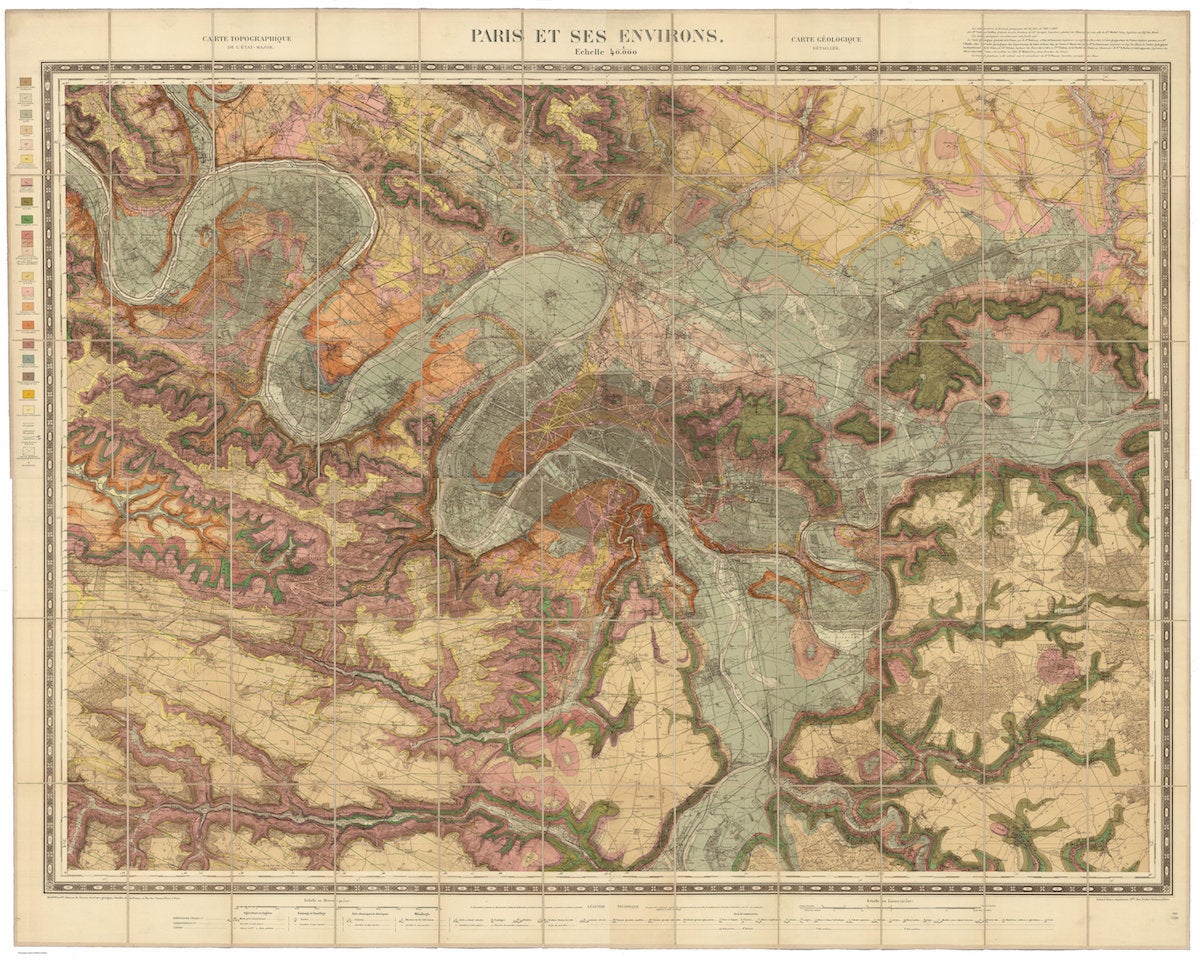 48.8742° N, 2.3470° E, Service Géologique des Mines, "Paris et Ses Environs," 1890. This map of Paris "correlates the layers of underground rock with the extents of urbanization above," according to Cartographic Grounds.