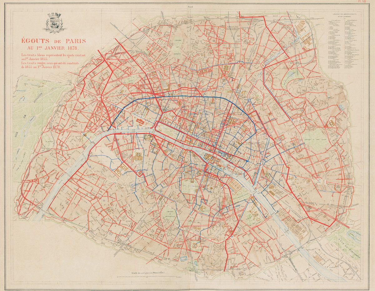 48.8742° N, 2.3470° E, Jean-Charles Adolphe Alphand, "Les Travaux de Paris" (Paris: Imprimerie Nationale, 1889), plate VII. Created around the same time as the above map, this map is from an atlas focused on Paris' infrastructure and shows the city's sewer lines and when they were created -- blue for ones that existed in 1855 and red for those constructed between 1855 and 1878.