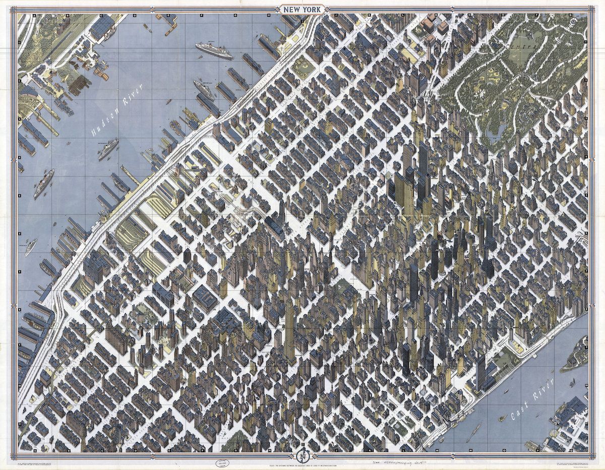 40.7145° N, 74.0071° W, Herman Bollmann, "New York," 1962. To create this New York City map, reproduced in the recent book <em>Cartographic Grounds</em>, German cartographer Herman Bollmann shot over 65,000 photographs. <em>Cartographic Grounds</em> includes geographic coordinates for each map to pinpoint the exact location regardless of style or time period.