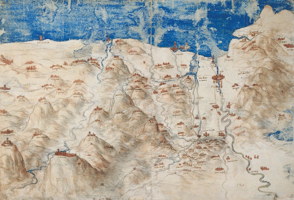 43.4100&deg; N, 11.0000&deg; E, &nbsp;Leonardo da Vinci, "A Bird's-Eye Map of Western Tuscany," 1503-1504.