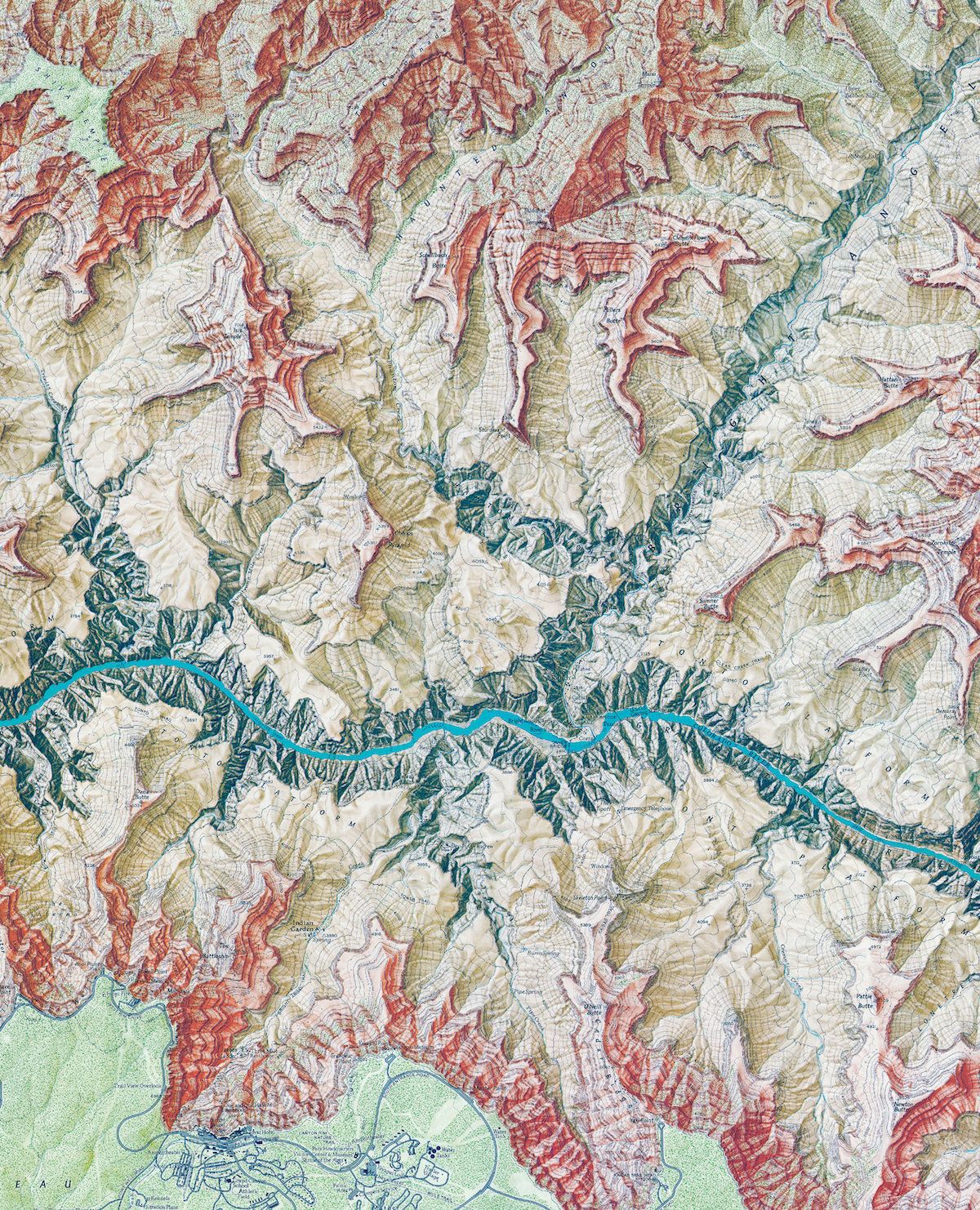36.0574° N, 112.1428° W, William T. Peele, Richard K. Rogers, Bradford Washburn, Tibor G. Tóth, "The Heart of the Grand Canyon," 1978. Making this classic map of the Grand Canyon required 146 days of field work over four years, including climbing, exploration, close to 700 helicopter flights and use of a laser beam.