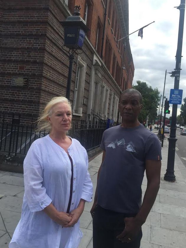 <strong>Carole Duggan and Stafford Scott stand outside Tottenham Police Station on the fifth anniversary of Mark Duggan's death</strong>