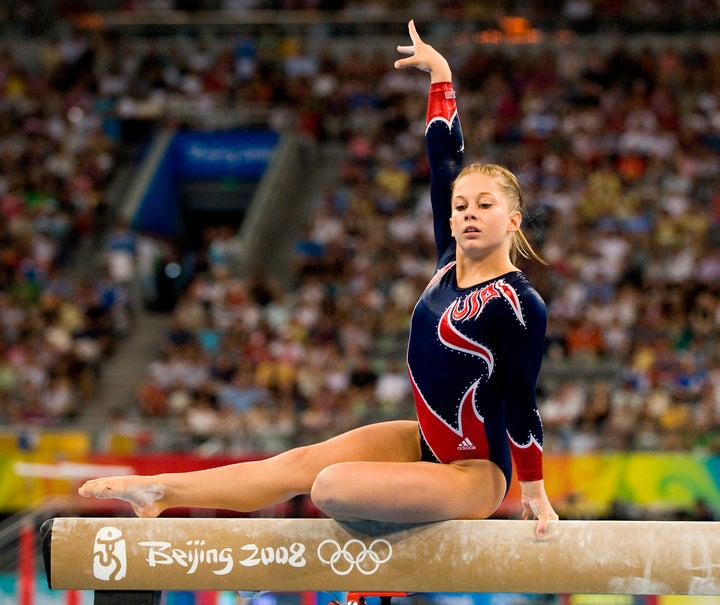 Shawn Johnson on the balance beam.
