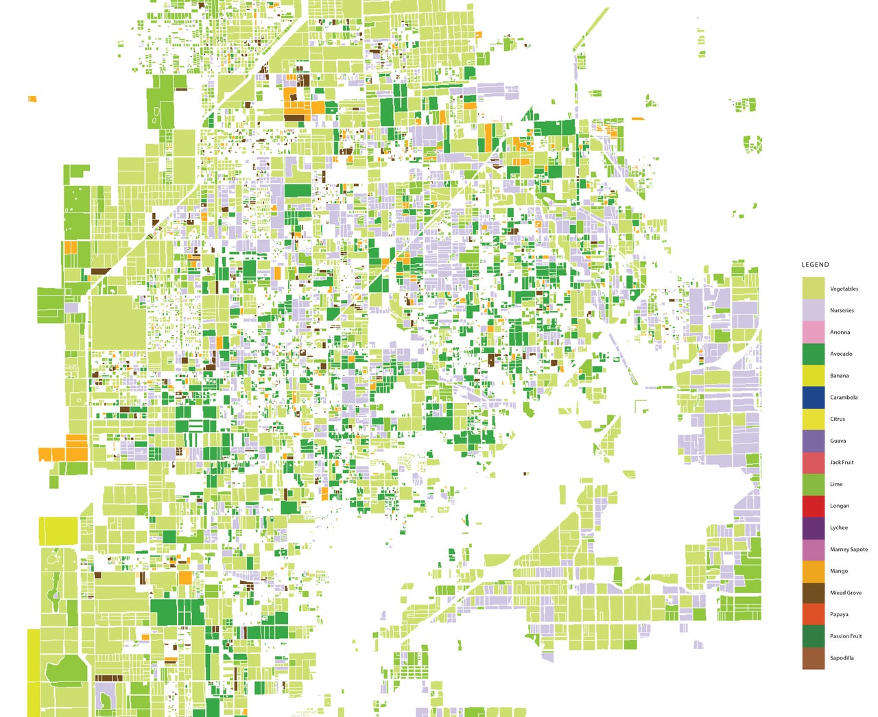 25.7216° N, 80.2793° W, Valerie Imbruce, "Agricultural Bio-diversity Study," Florida, 2004. Valerie Imbruce's map shows the distribution of plant species in the Miami area.