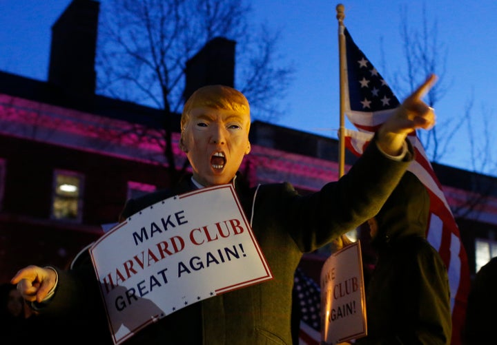 The Harvard Republicans have officially denounced Donald Trump. Shown here is a scene from a Trump-themed protest on Harvard's campus in March. 