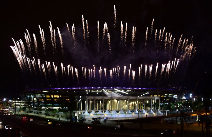 Fireworks explode above the Maracana stadium in Rio during the rehearsal of the opening ceremony