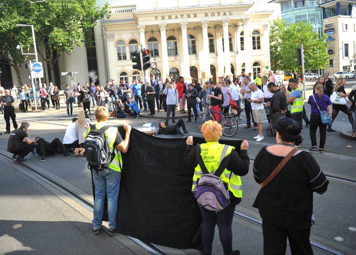 <strong>Activists outside Nottingham Theatre Royal.</strong>