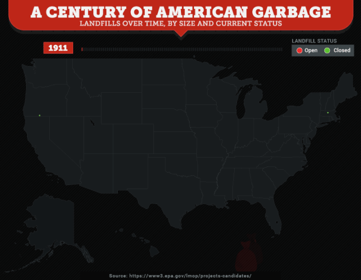 Watch how landfills have spread across the U.S. in the last century.