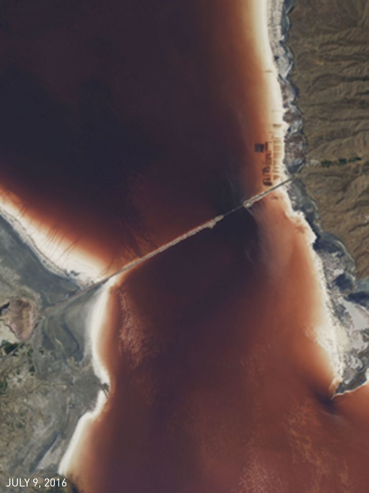Close-Up. The waters surrounding the Lake Urmia bridge shifted from green on April 20 to red by July 9.