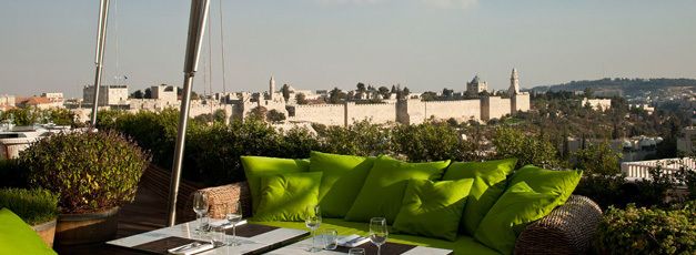 The wall of Jerusalem's Old City, as seen from the rooftop of the Mamilla Hotel